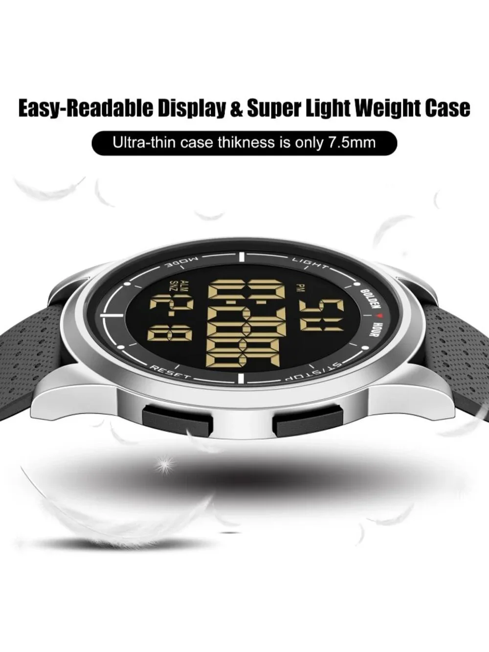 Men's Silver Rubber Strap Ultra-Thin Minimalist Sports Waterproof Digital Watch